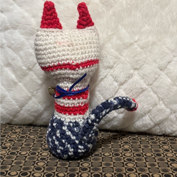 Hand Crafted Red and Blue Striped Cat Plush - Picture 2 of 3